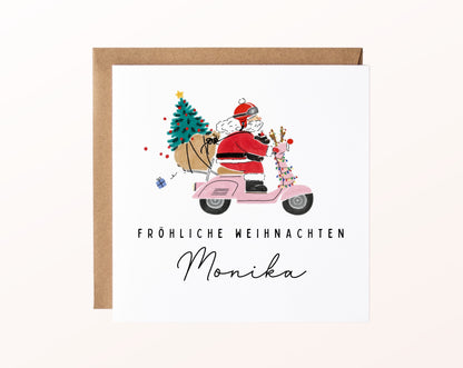 Weihnachtskarte – Weihnachtsmann auf rosa Motorroller – 02 karte pur rose
