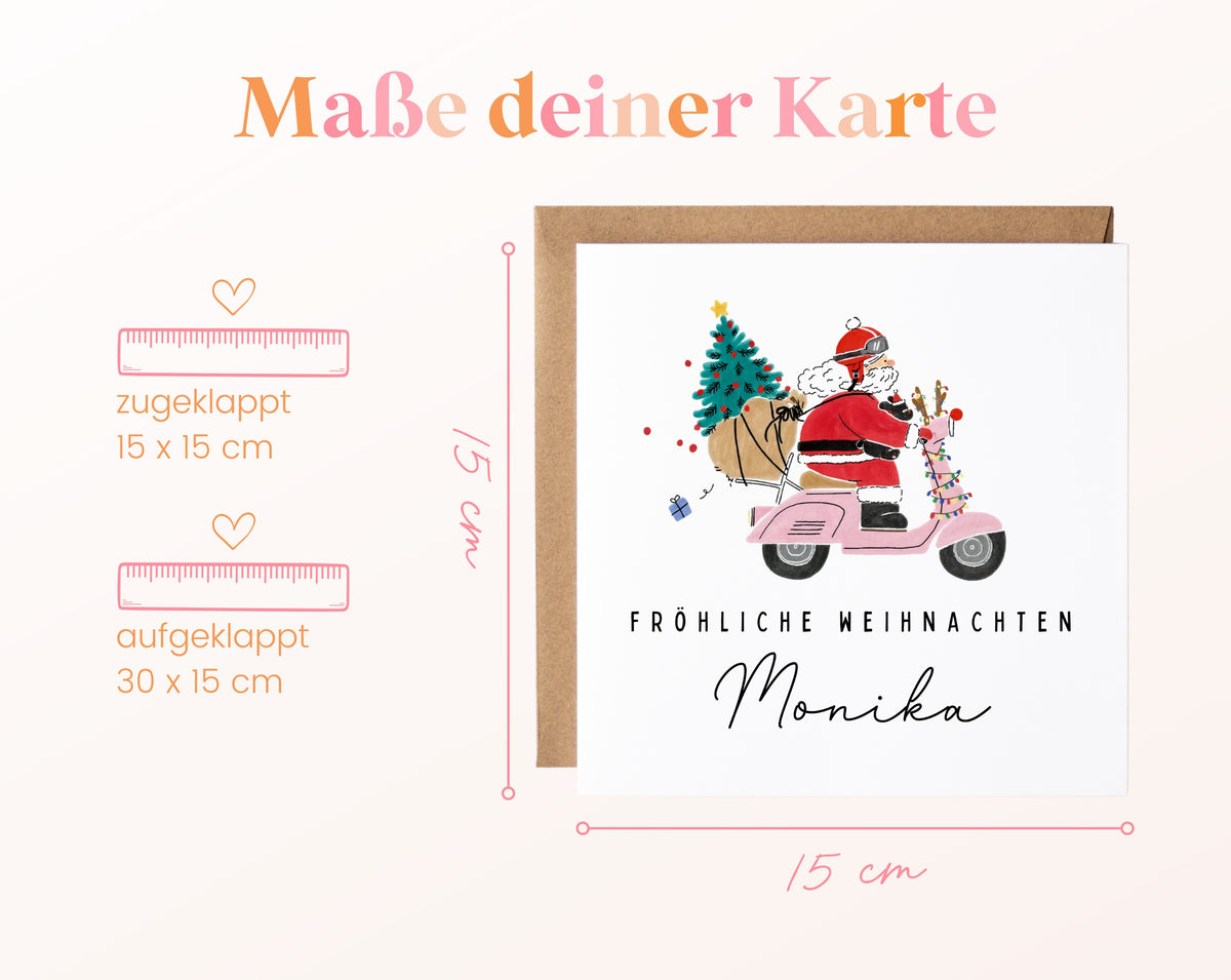 Weihnachtskarte – Weihnachtsmann auf rosa Motorroller – 04 masse