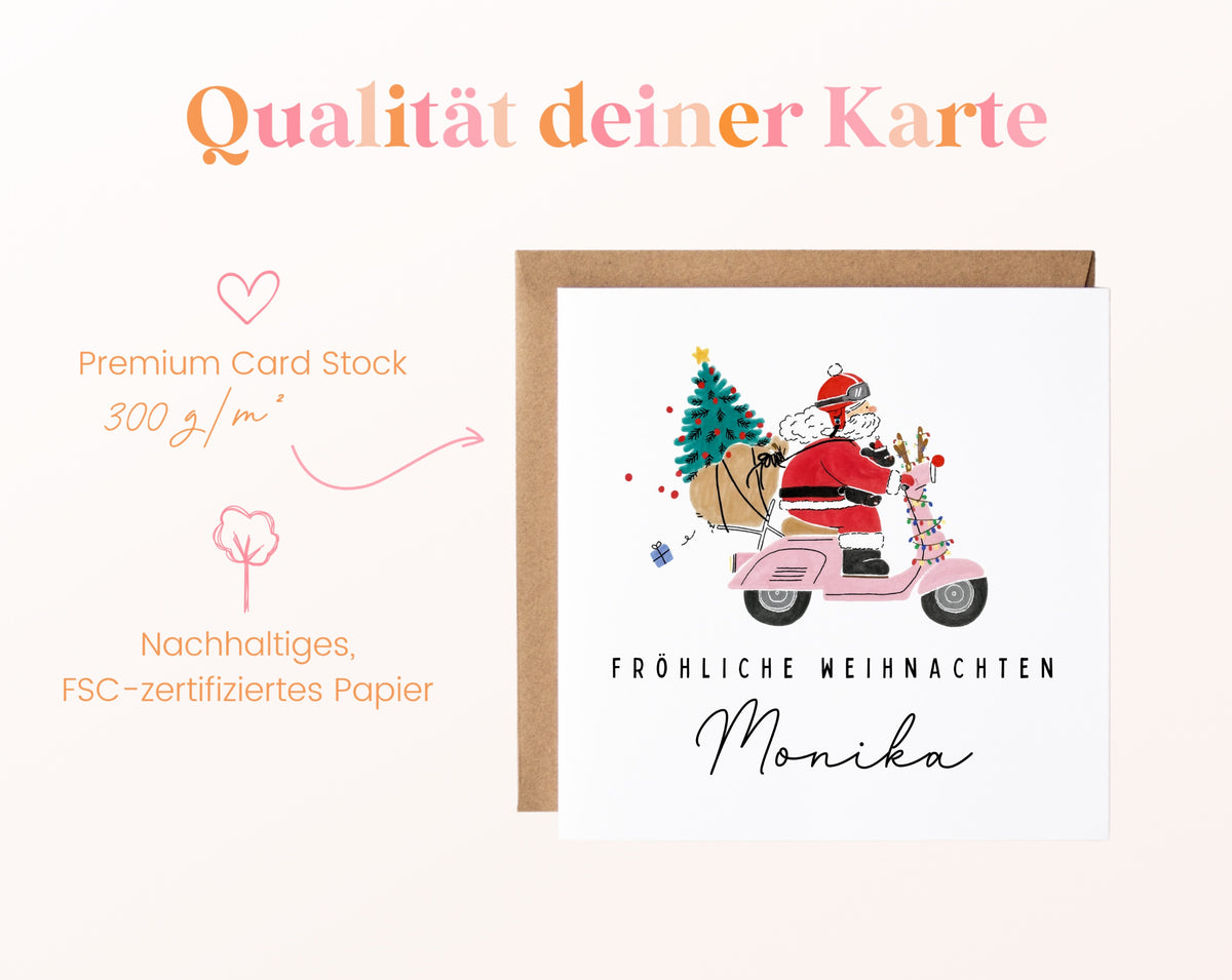 Weihnachtskarte – Weihnachtsmann auf rosa Motorroller – 05B qualitaet 300