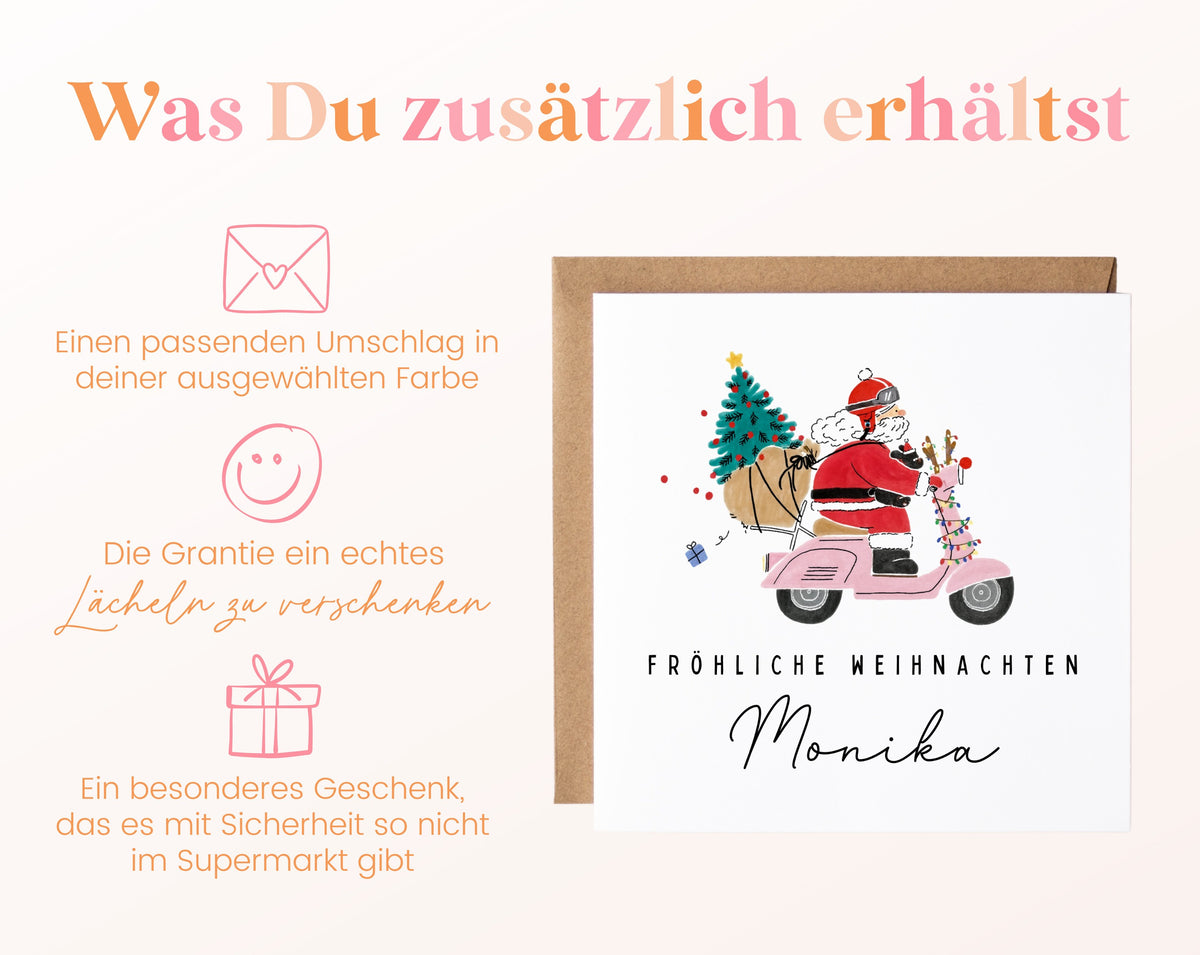 Weihnachtskarte – Weihnachtsmann auf rosa Motorroller – 06 zusaetzlich