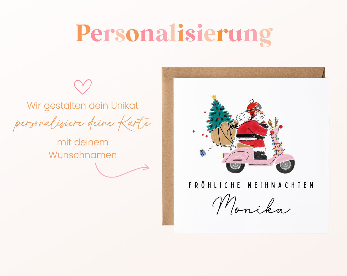 Weihnachtskarte – Weihnachtsmann auf rosa Motorroller – 08 perso ein wunschname