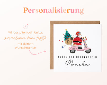 Weihnachtskarte – Weihnachtsmann auf rosa Motorroller – 08 perso ein wunschname