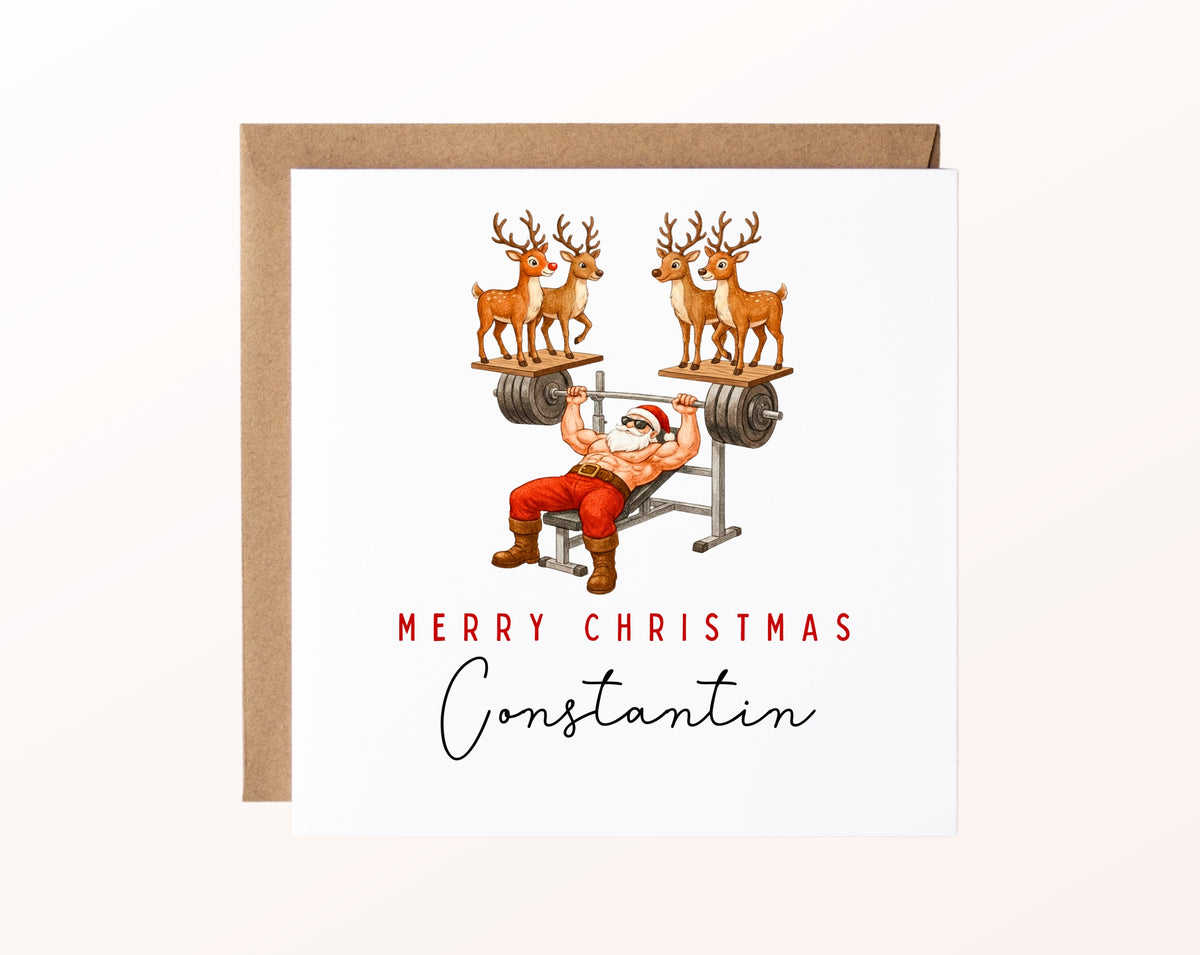 Weihnachtskarte – Sportlicher Weihnachtsmann mit Rentieren – 02 karte pur rose