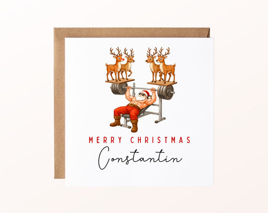 Weihnachtskarte – Sportlicher Weihnachtsmann mit Rentieren – 02 karte pur rose