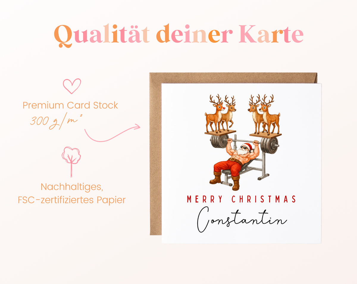 Weihnachtskarte – Sportlicher Weihnachtsmann mit Rentieren – 05B qualitaet 300