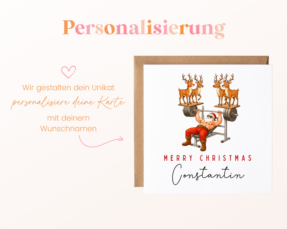 Weihnachtskarte – Sportlicher Weihnachtsmann mit Rentieren – 08 perso ein wunschname