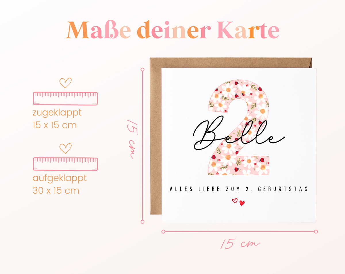 Personalisierte Geburtstagskarte zum 2. Geburtstag mit Marienkäfer – Maße der Karte