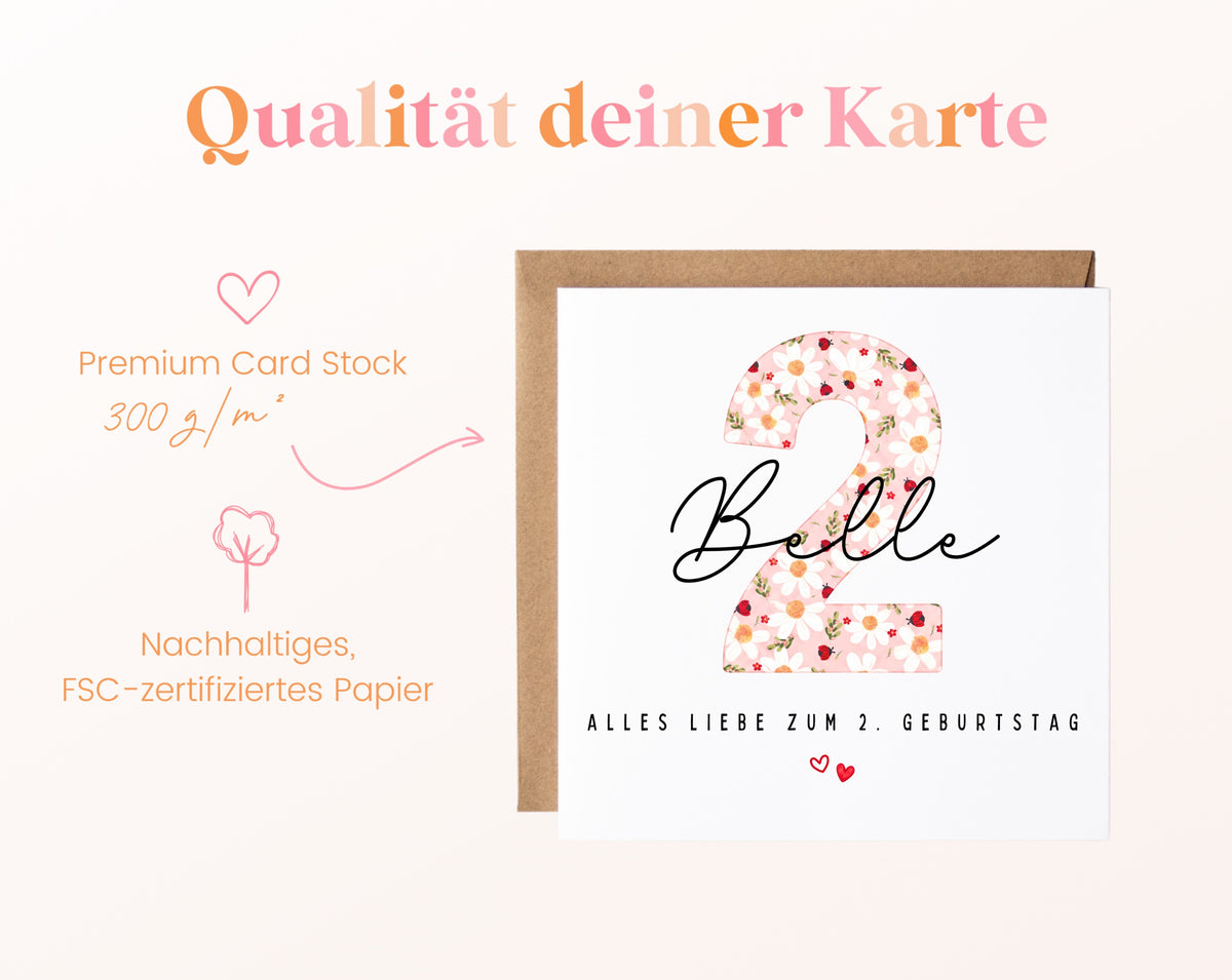 Personalisierte Geburtstagskarte zum 2. Geburtstag mit Marienkäfer – Papierqualität