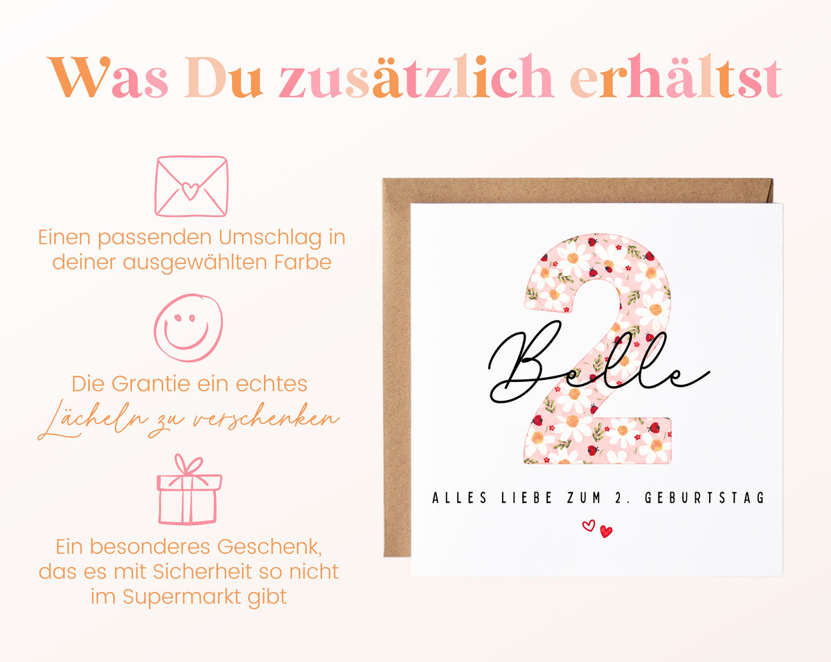 Personalisierte Geburtstagskarte zum 2. Geburtstag mit Marienkäfer – Karte und Umschlag