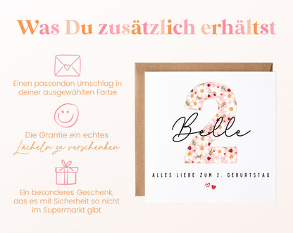 Personalisierte Geburtstagskarte zum 2. Geburtstag mit Marienkäfer – Karte und Umschlag
