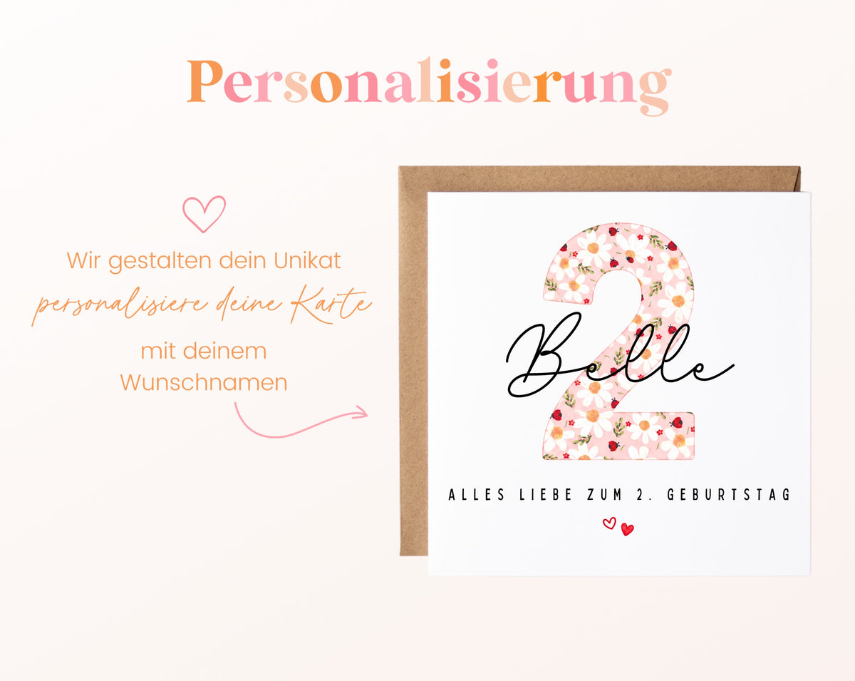 Personalisierte Geburtstagskarte zum 2. Geburtstag mit Marienkäfer – Karte mit Wunschname
