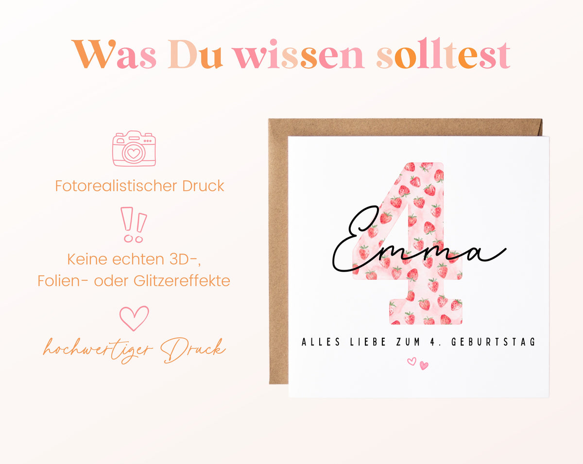 Personalisierte Geburtstagskarte zum 4. Geburtstag mit Erdbeere – Informationen zur Karte