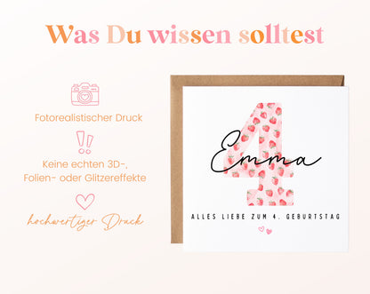 Personalisierte Geburtstagskarte zum 4. Geburtstag mit Erdbeere – Informationen zur Karte