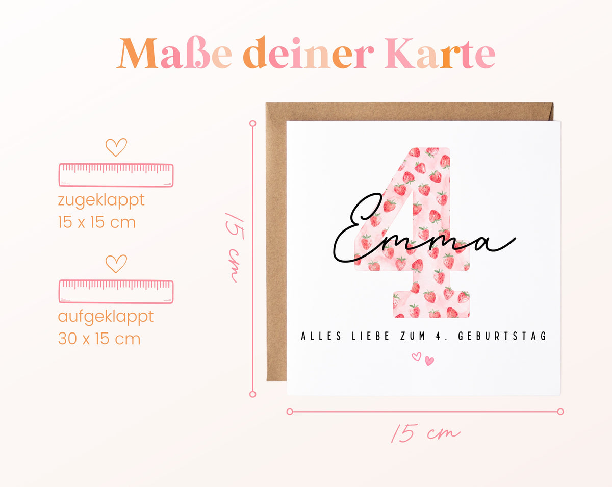 Personalisierte Geburtstagskarte zum 4. Geburtstag mit Erdbeere – Maße der Karte