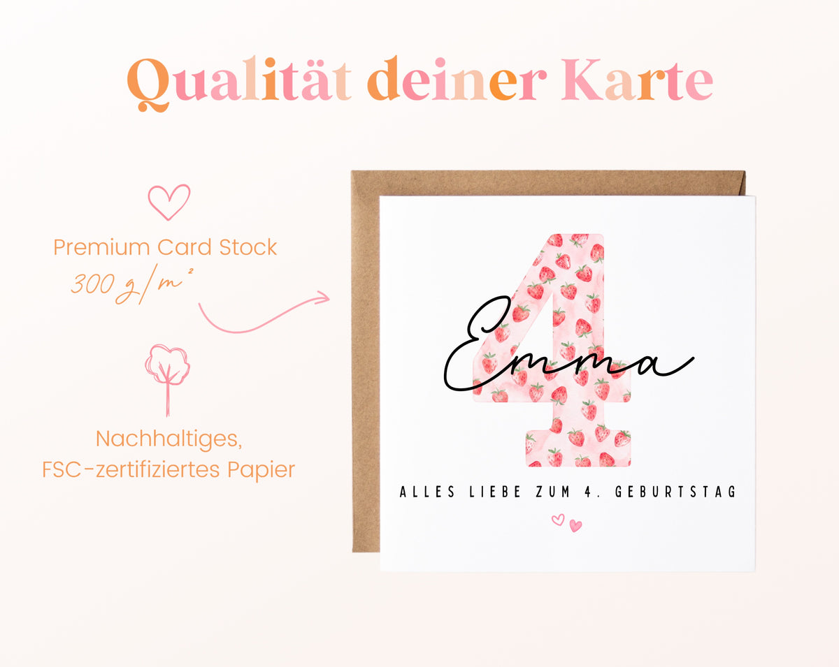 Personalisierte Geburtstagskarte zum 4. Geburtstag mit Erdbeere – Papierqualität