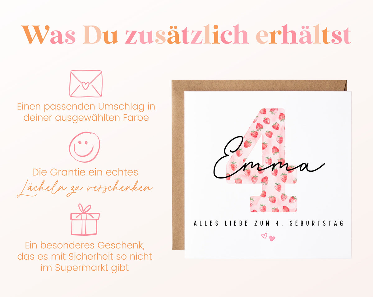 Personalisierte Geburtstagskarte zum 4. Geburtstag mit Erdbeere – Karte und Umschlag