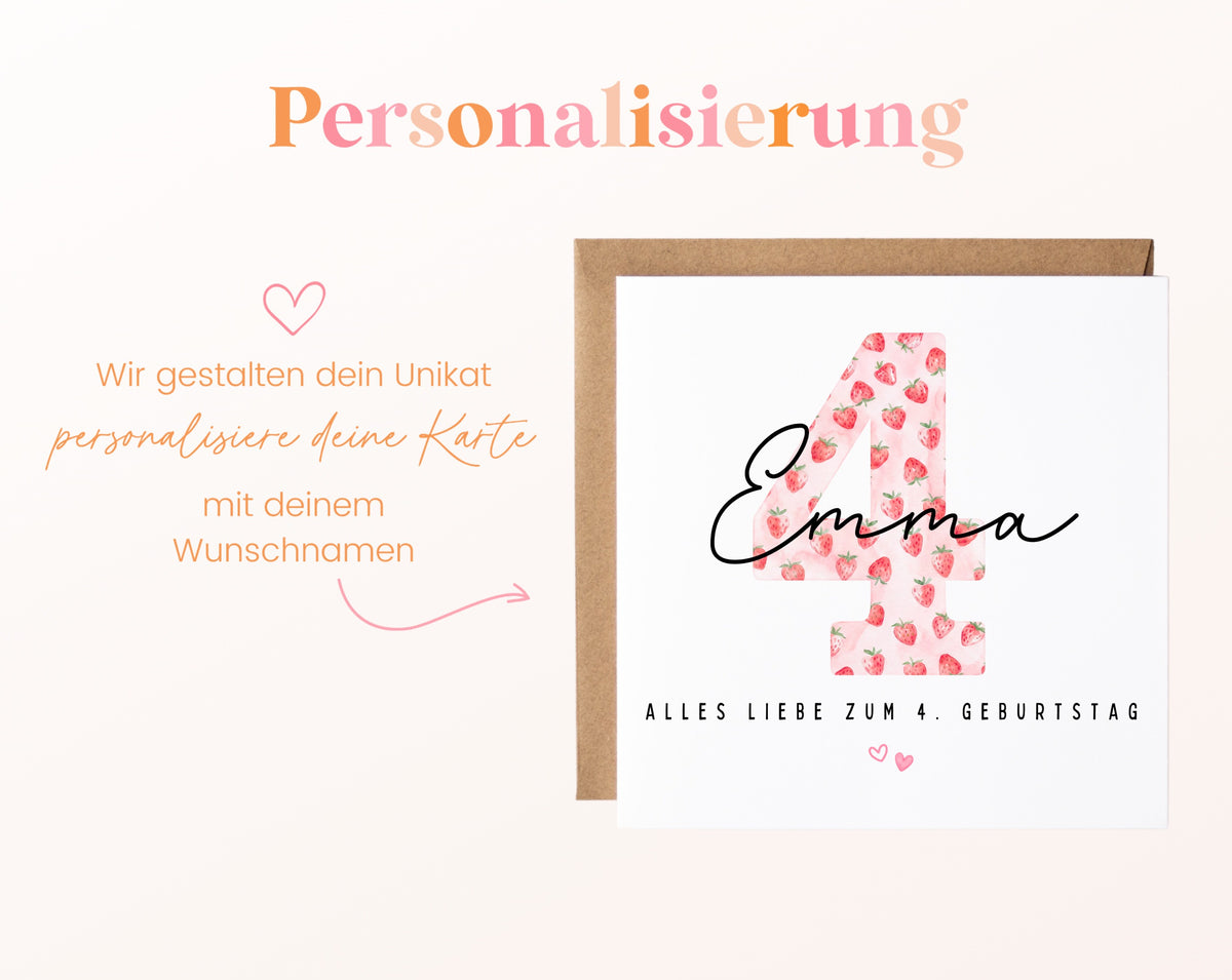 Personalisierte Geburtstagskarte zum 4. Geburtstag mit Erdbeere – Karte mit Wunschname