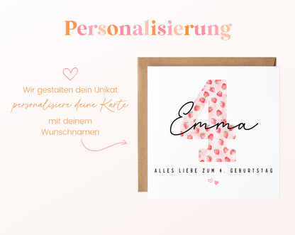 Personalisierte Geburtstagskarte zum 4. Geburtstag mit Erdbeere – Karte mit Wunschname