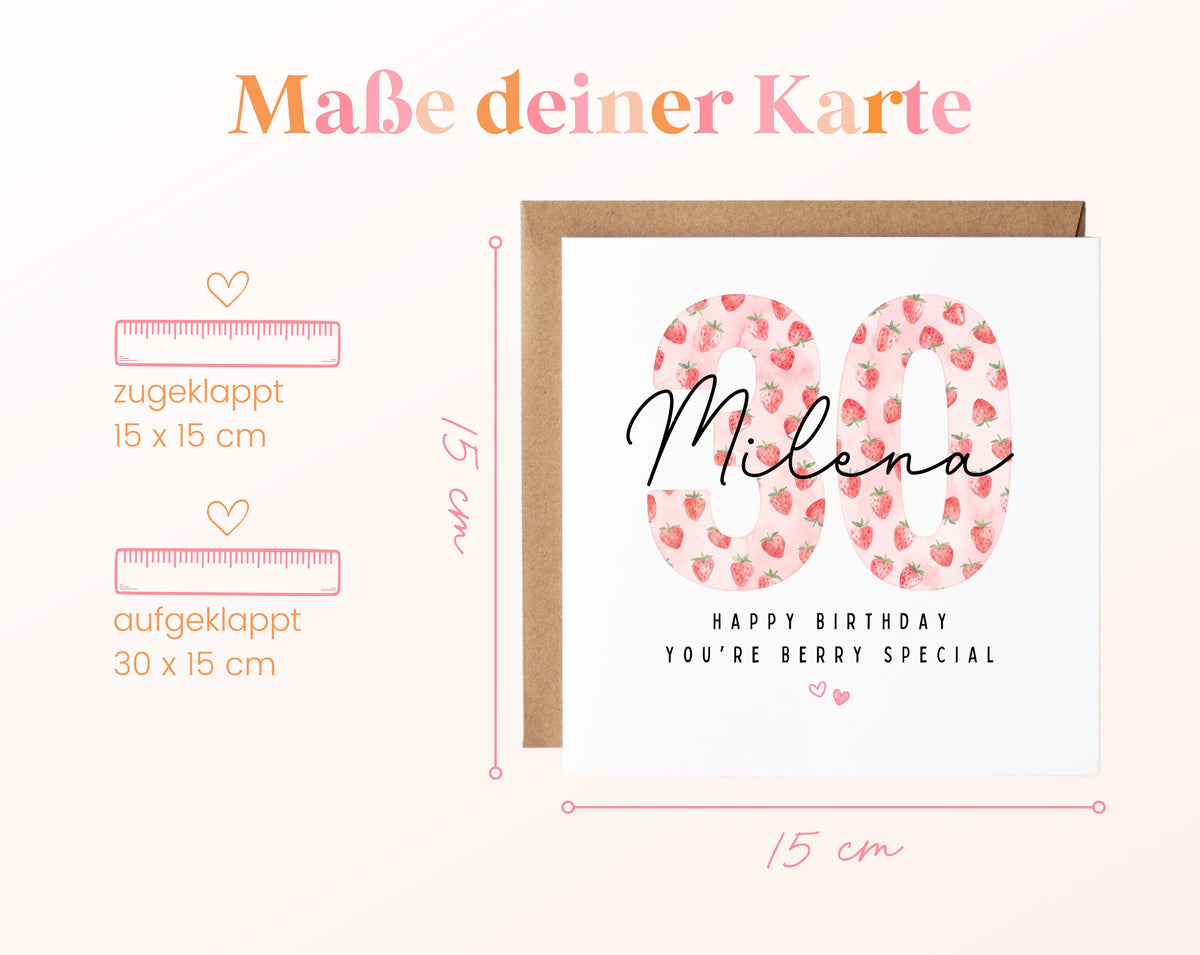 Personalisierte Geburtstagskarte zum 30. Geburtstag mit Erdbeere – Maße der Karte