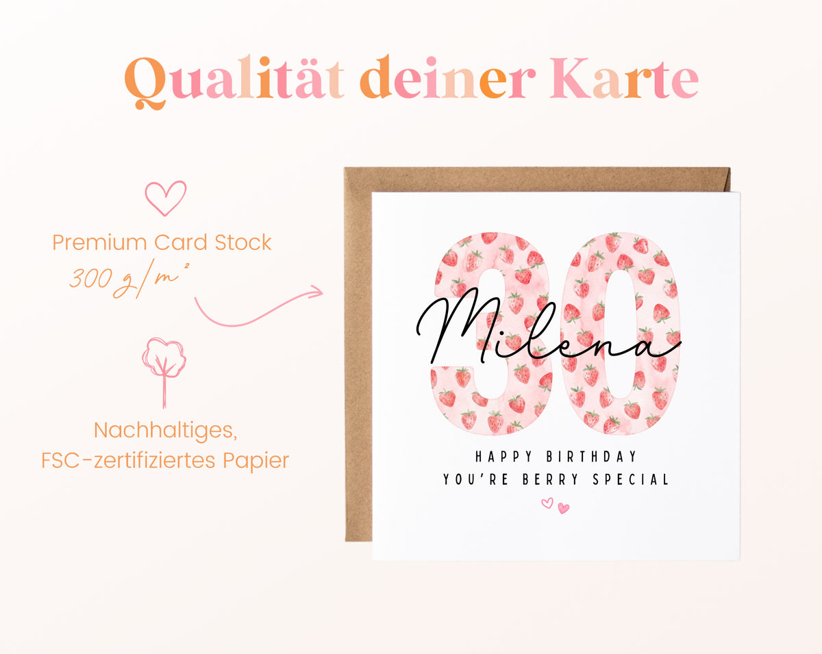 Personalisierte Geburtstagskarte zum 30. Geburtstag mit Erdbeere – Papierqualität