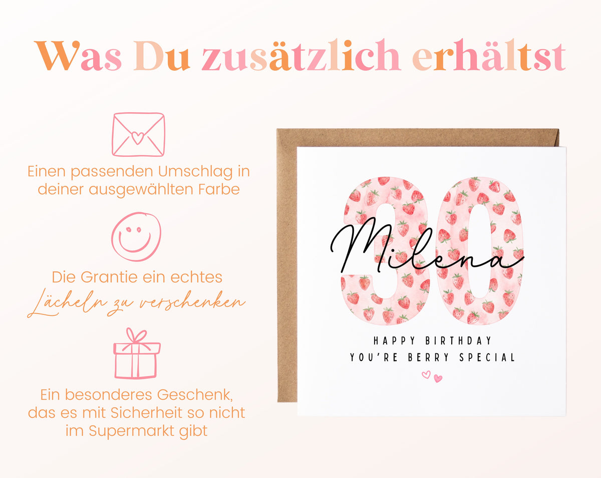 Personalisierte Geburtstagskarte zum 30. Geburtstag mit Erdbeere – Karte und Umschlag