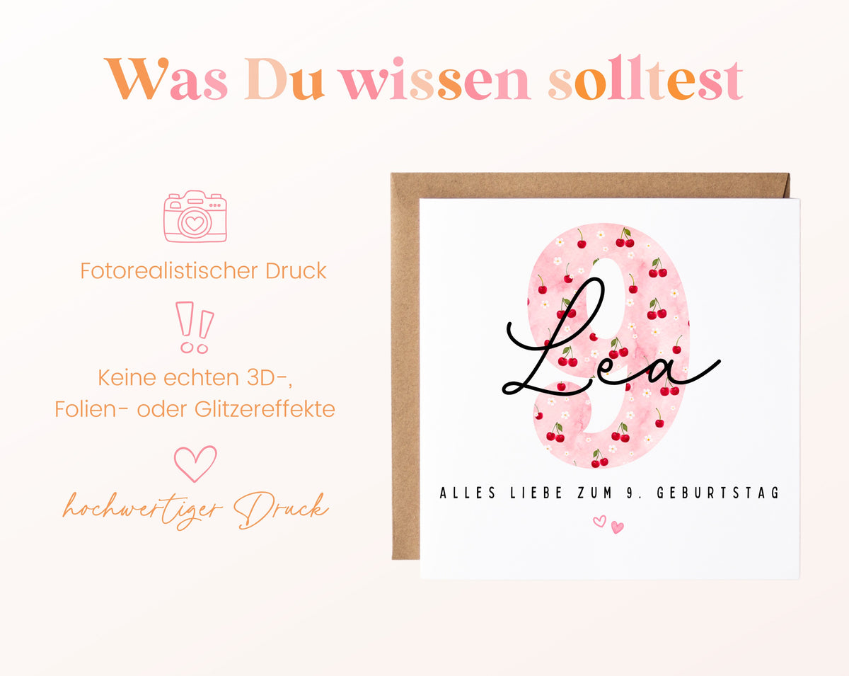 Personalisierte Geburtstagskarte zum 9. Geburtstag mit Kirsche – Informationen zur Karte
