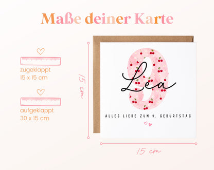 Personalisierte Geburtstagskarte zum 9. Geburtstag mit Kirsche – Maße der Karte