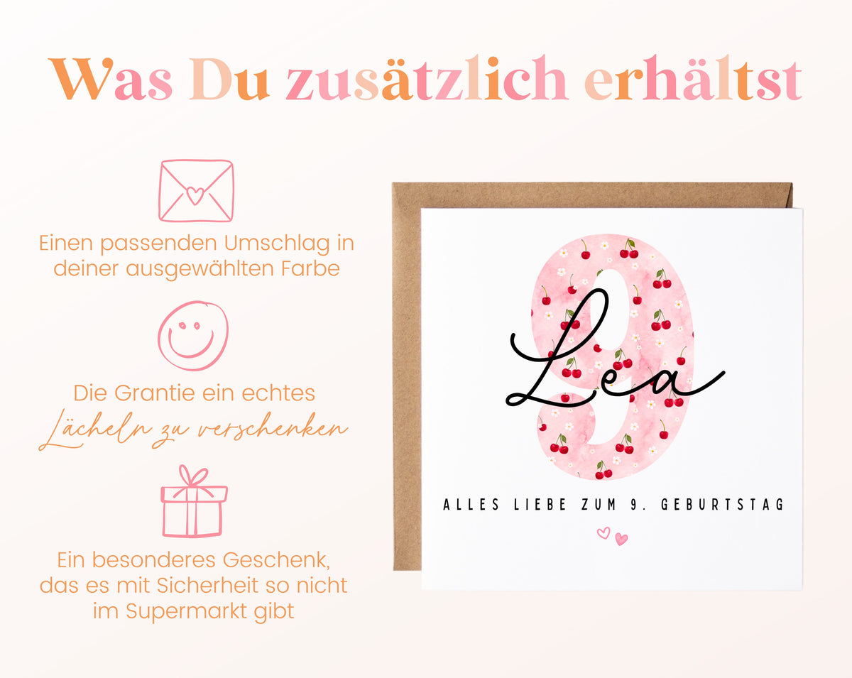 Personalisierte Geburtstagskarte zum 9. Geburtstag mit Kirsche – Karte und Umschlag