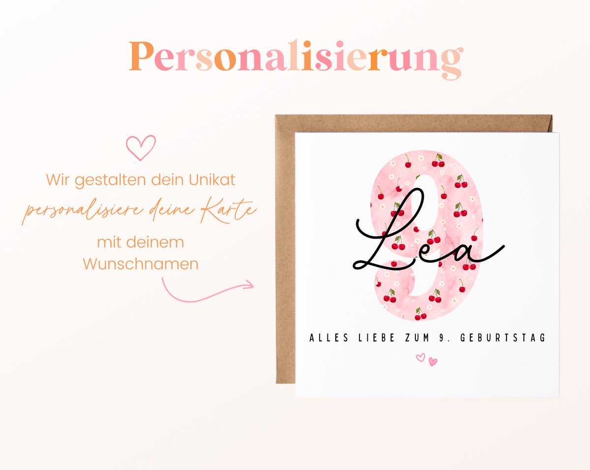 Personalisierte Geburtstagskarte zum 9. Geburtstag mit Kirsche – Karte mit Wunschname