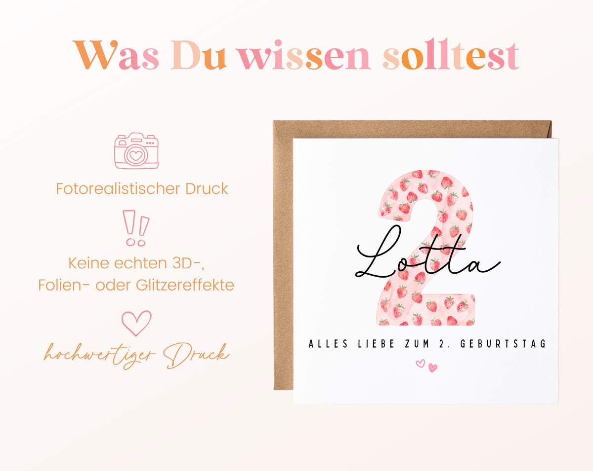 Personalisierte Geburtstagskarte zum 2. Geburtstag mit Erdbeere – Informationen zur Karte