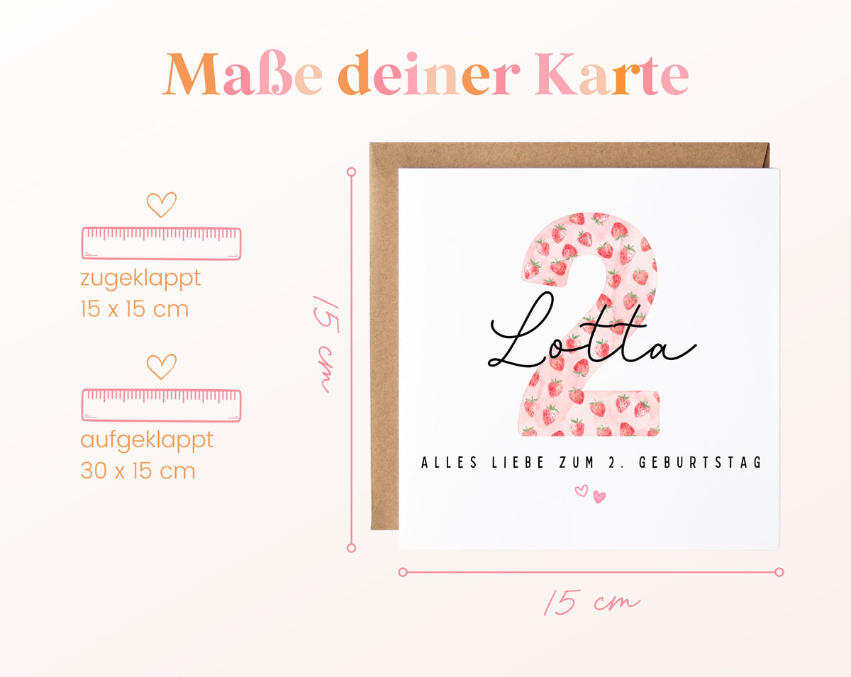Personalisierte Geburtstagskarte zum 2. Geburtstag mit Erdbeere – Maße der Karte