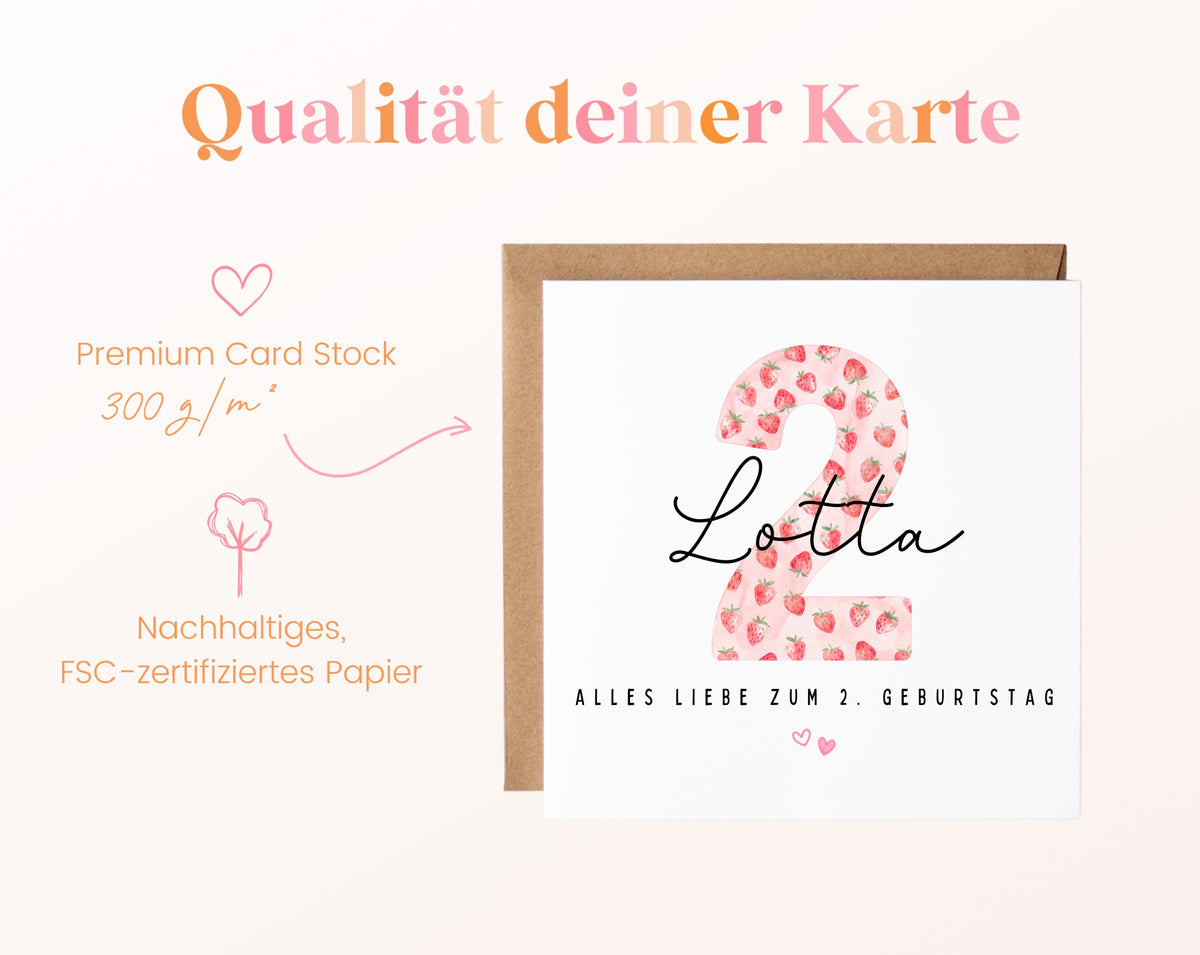 Personalisierte Geburtstagskarte zum 2. Geburtstag mit Erdbeere – Papierqualität
