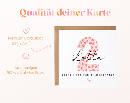 Personalisierte Geburtstagskarte zum 2. Geburtstag mit Erdbeere – Papierqualität