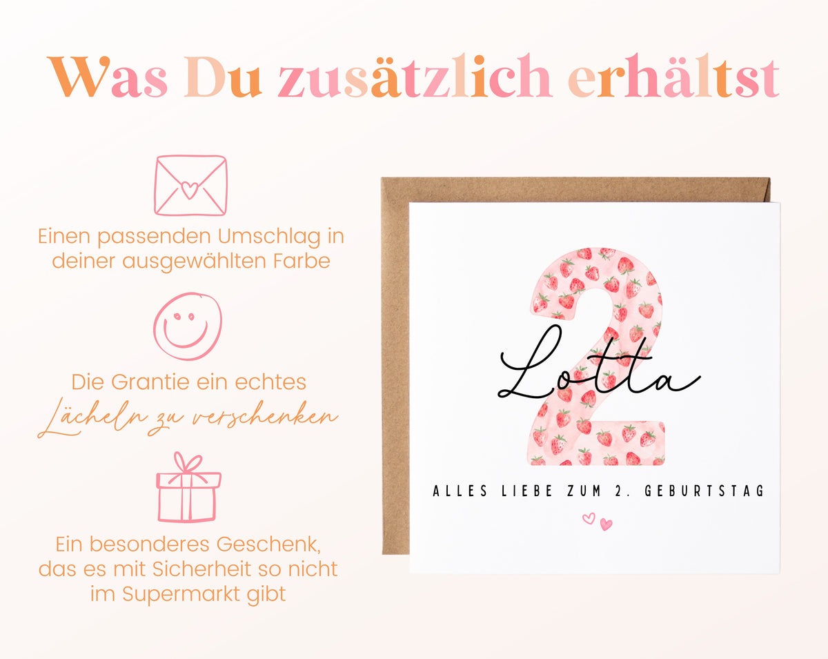 Personalisierte Geburtstagskarte zum 2. Geburtstag mit Erdbeere – Karte und Umschlag