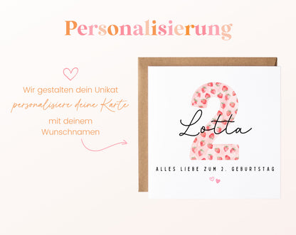 Personalisierte Geburtstagskarte zum 2. Geburtstag mit Erdbeere – Karte mit Wunschname