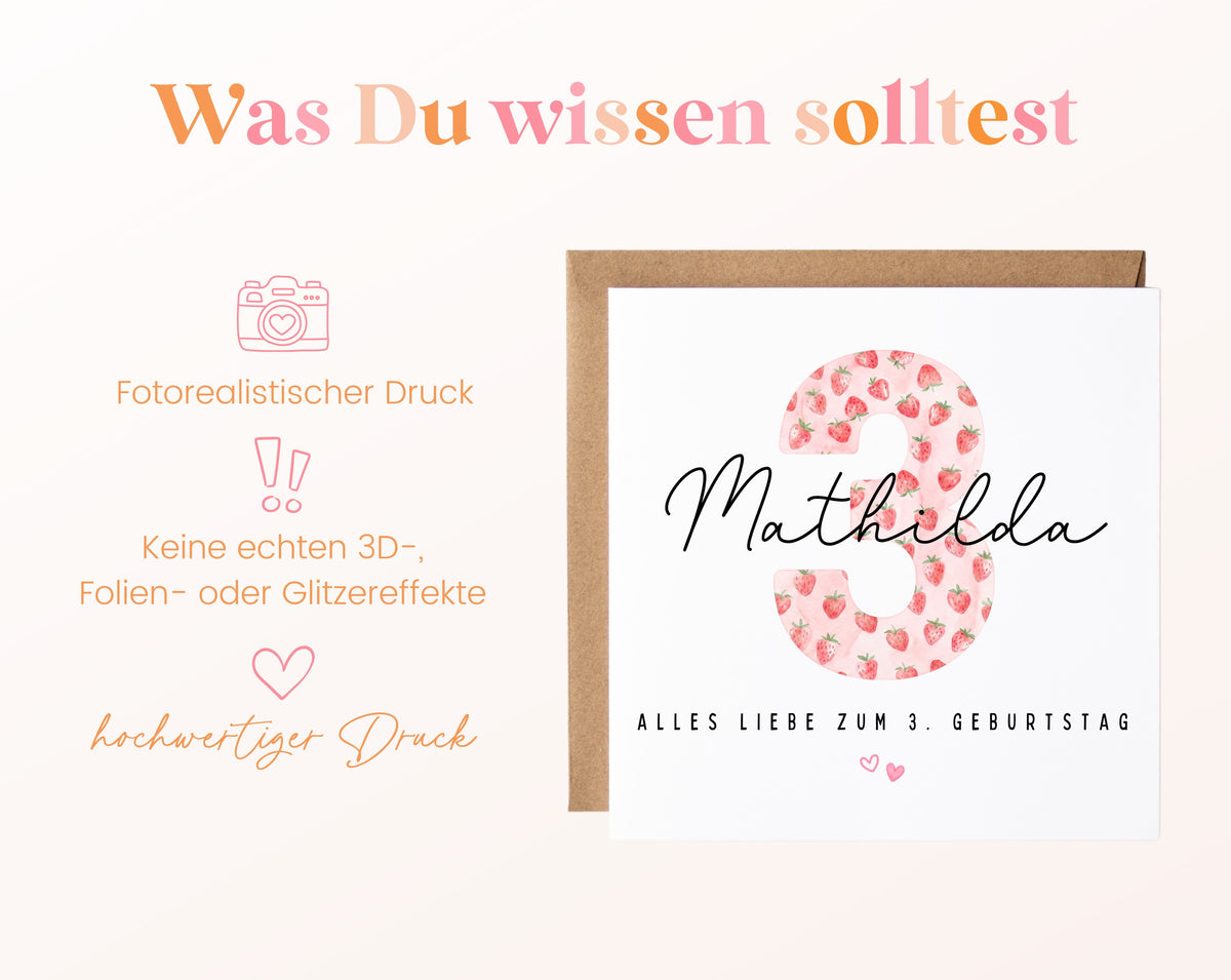 Personalisierte Geburtstagskarte zum 3. Geburtstag mit Erdbeere – Informationen zur Karte
