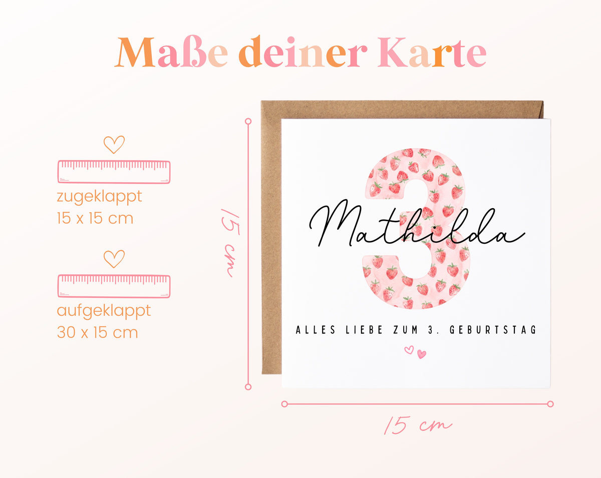 Personalisierte Geburtstagskarte zum 3. Geburtstag mit Erdbeere – Maße der Karte