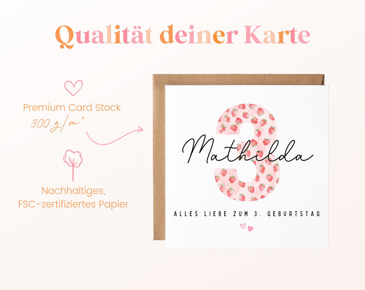 Personalisierte Geburtstagskarte zum 3. Geburtstag mit Erdbeere – Papierqualität