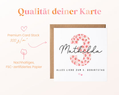 Personalisierte Geburtstagskarte zum 3. Geburtstag mit Erdbeere – Papierqualität