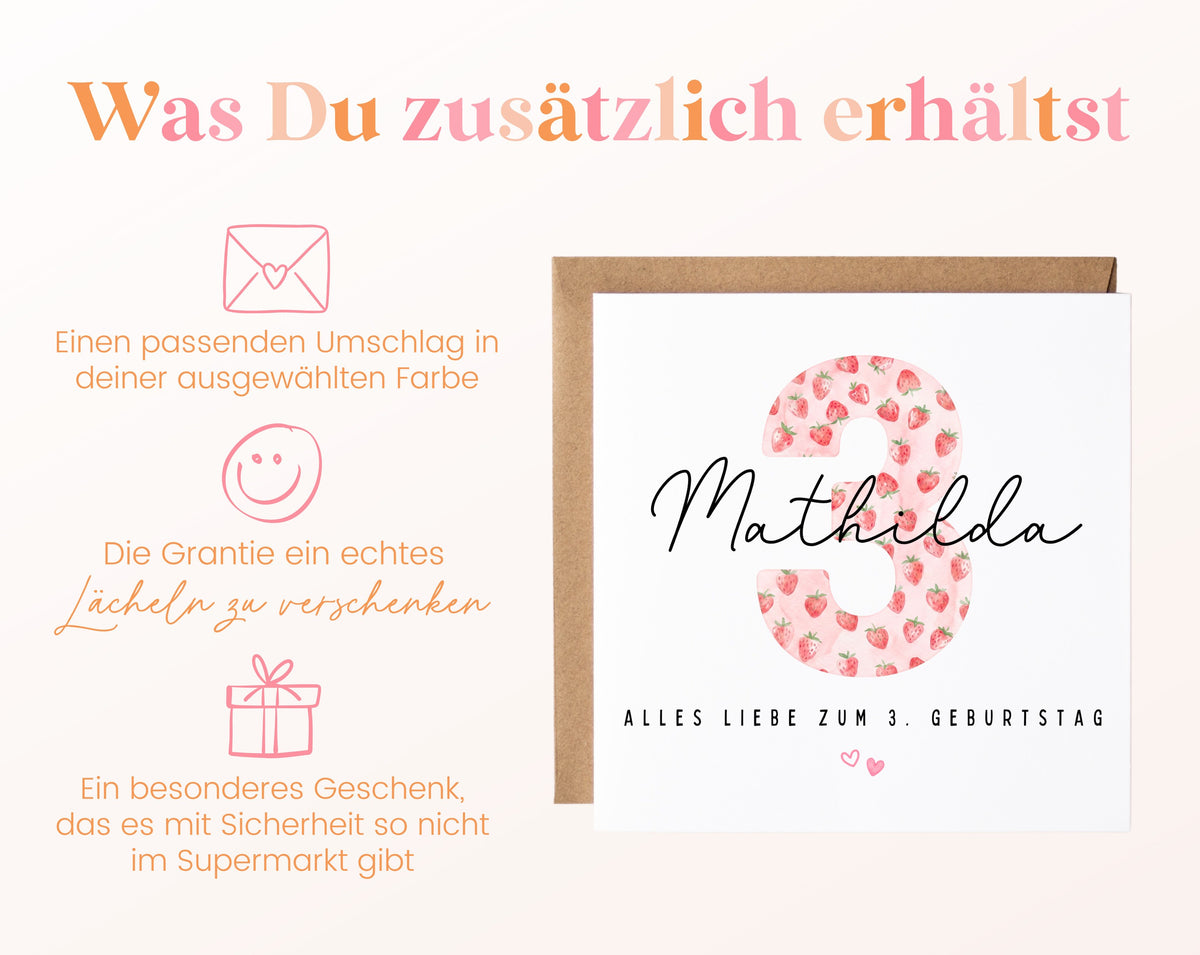 Personalisierte Geburtstagskarte zum 3. Geburtstag mit Erdbeere – Karte und Umschlag
