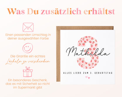 Personalisierte Geburtstagskarte zum 3. Geburtstag mit Erdbeere – Karte und Umschlag