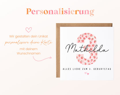 Personalisierte Geburtstagskarte zum 3. Geburtstag mit Erdbeere – Karte mit Wunschname