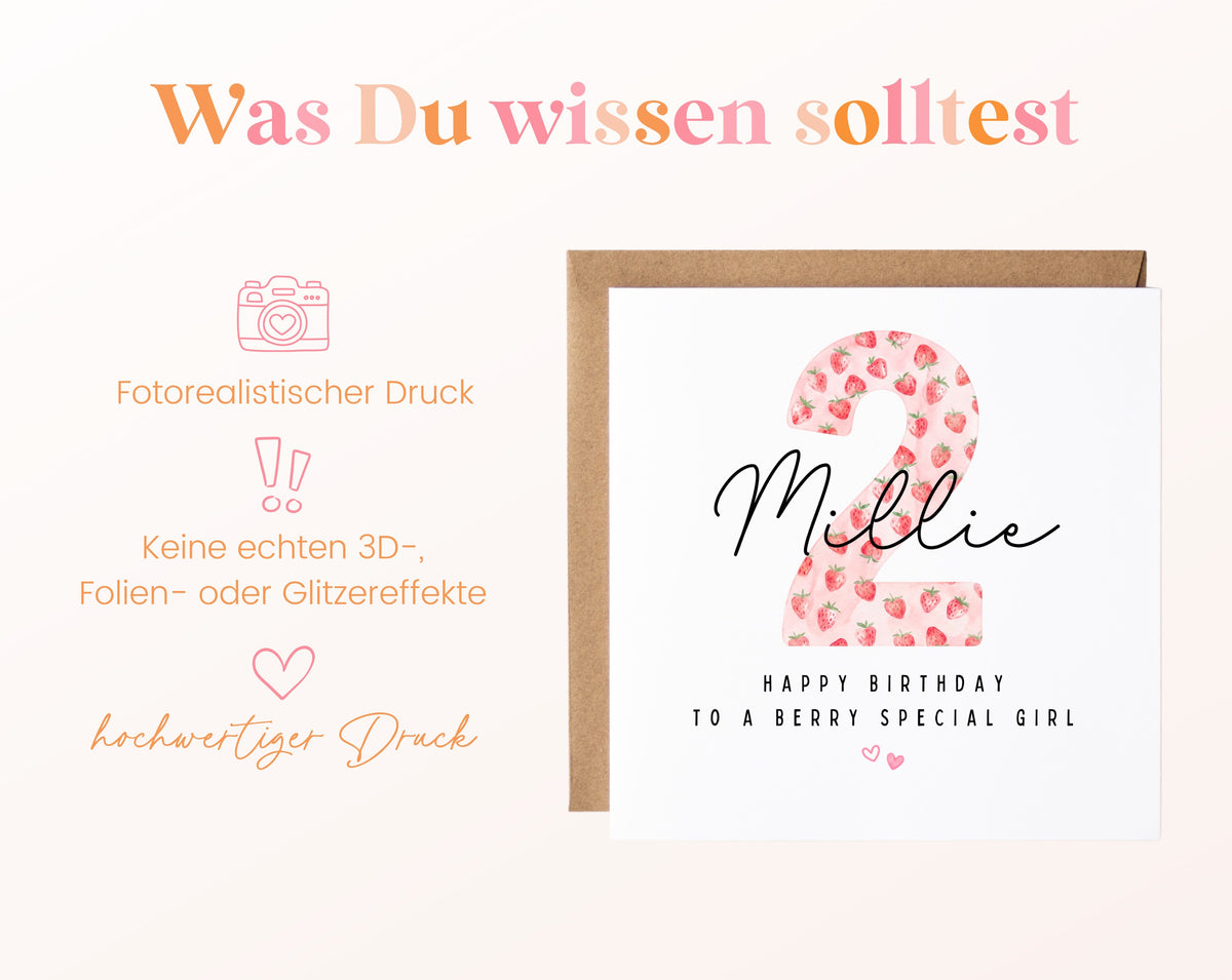 Personalisierte Geburtstagskarte zum 2. Geburtstag mit Erdbeere – Informationen zur Karte