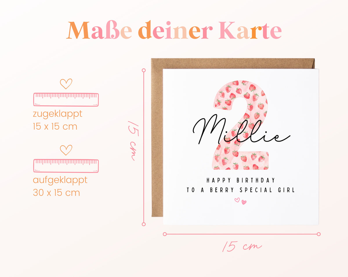 Personalisierte Geburtstagskarte zum 2. Geburtstag mit Erdbeere – Maße der Karte