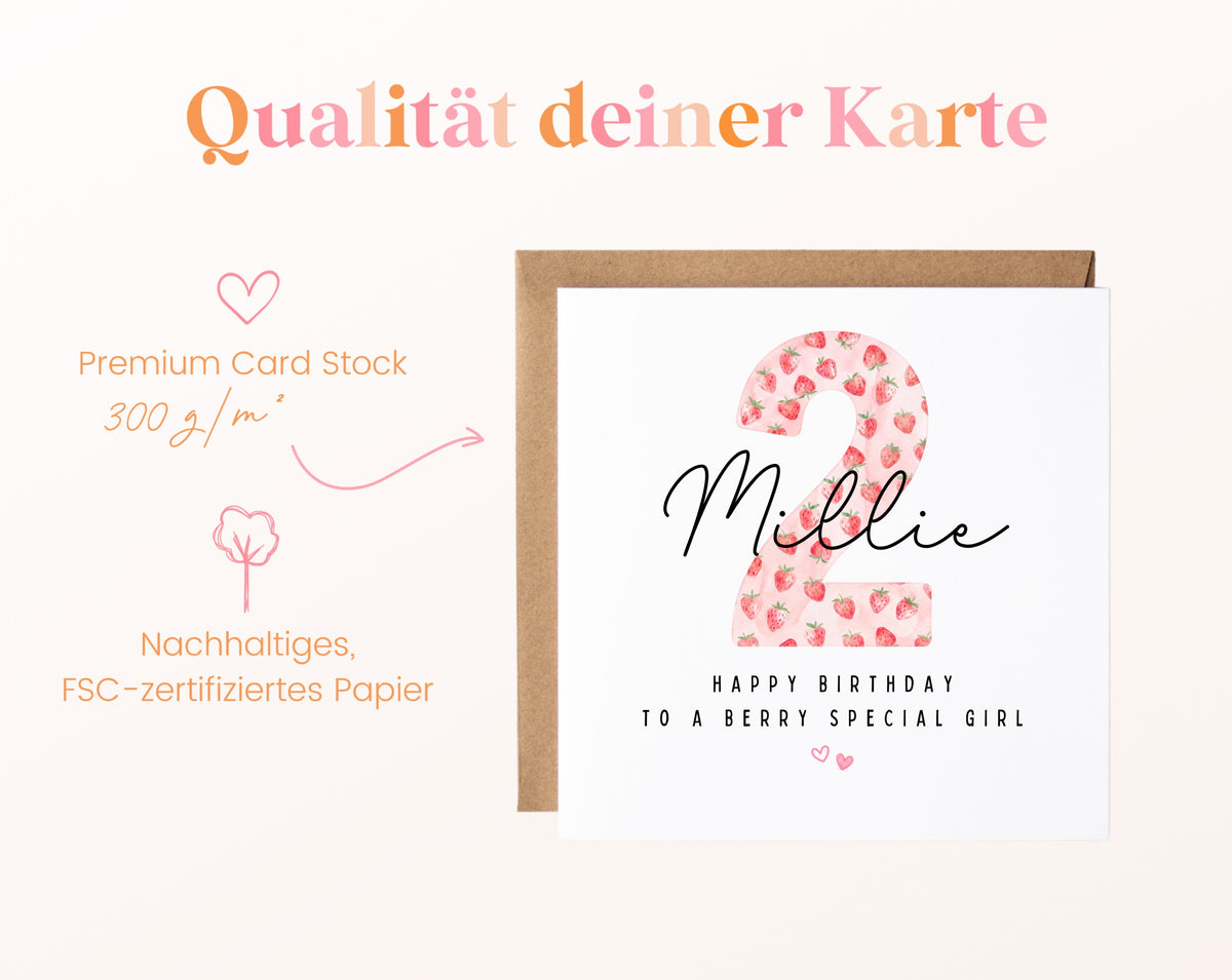 Personalisierte Geburtstagskarte zum 2. Geburtstag mit Erdbeere – Papierqualität