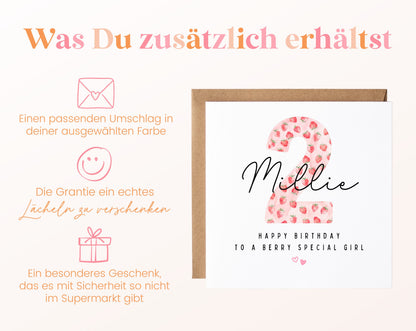 Personalisierte Geburtstagskarte zum 2. Geburtstag mit Erdbeere – Karte und Umschlag