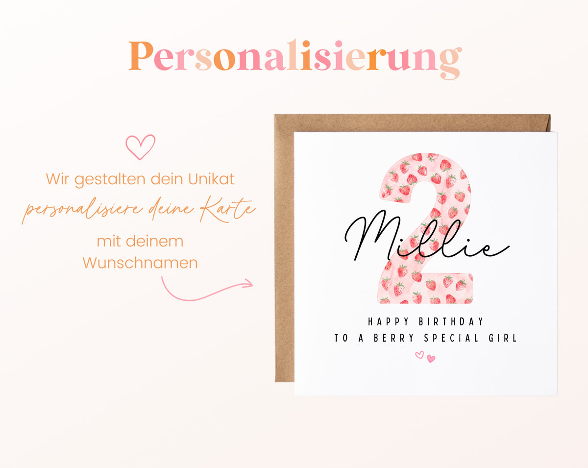 Personalisierte Geburtstagskarte zum 2. Geburtstag mit Erdbeere – Karte mit Wunschname