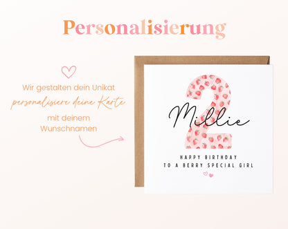 Personalisierte Geburtstagskarte zum 2. Geburtstag mit Erdbeere – Karte mit Wunschname
