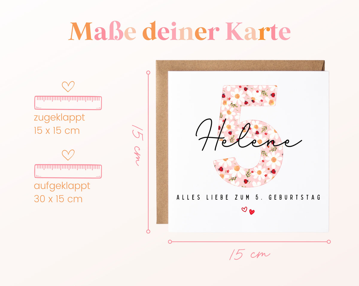 Personalisierte Geburtstagskarte zum 5. Geburtstag mit Marienkäfer – Maße der Karte
