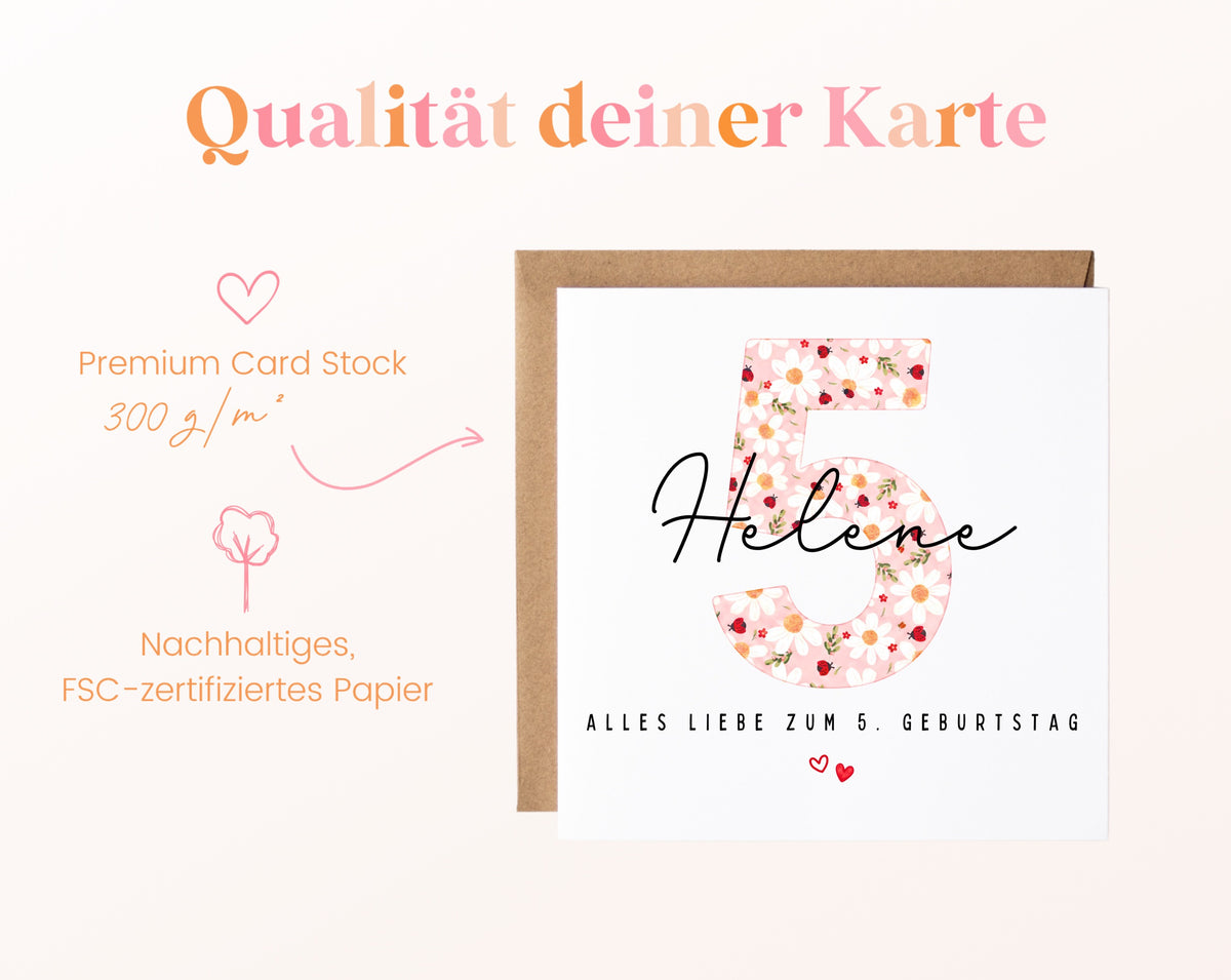 Personalisierte Geburtstagskarte zum 5. Geburtstag mit Marienkäfer – Papierqualität